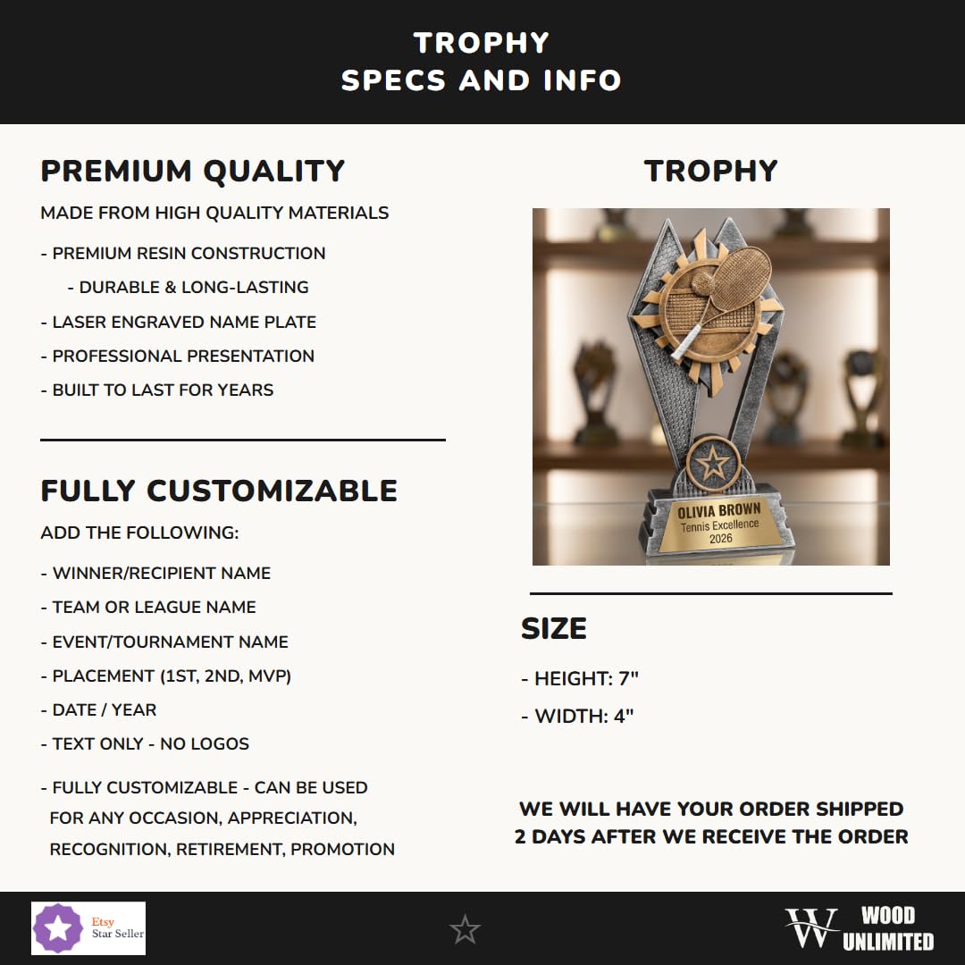 Personalized Tennis Trophy | Custom SunRay Awards Award 7" | Laser Engraved Gold Name Plate | Team MVP Recognition Gift
