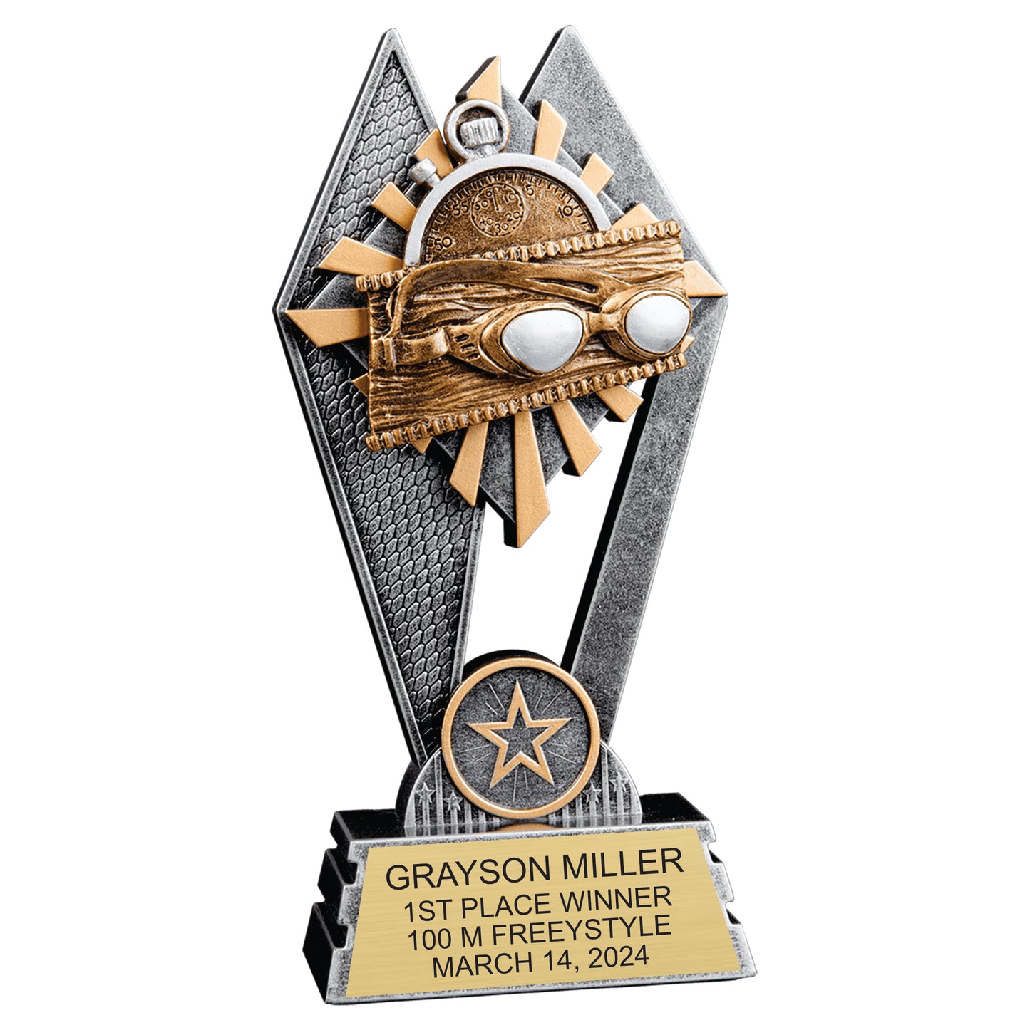Top angle shot of the Swimming Sun Ray Award trophy, capturing the intricate star and sunburst design elements.