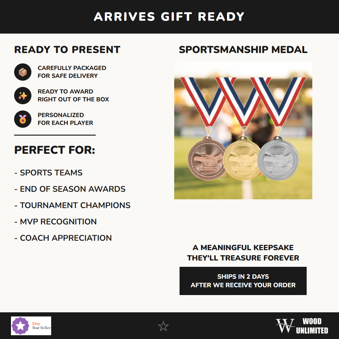 Personalized Sportsmanship Medals with Neck Ribbon - Gold Silver Bronze - Custom Engraved