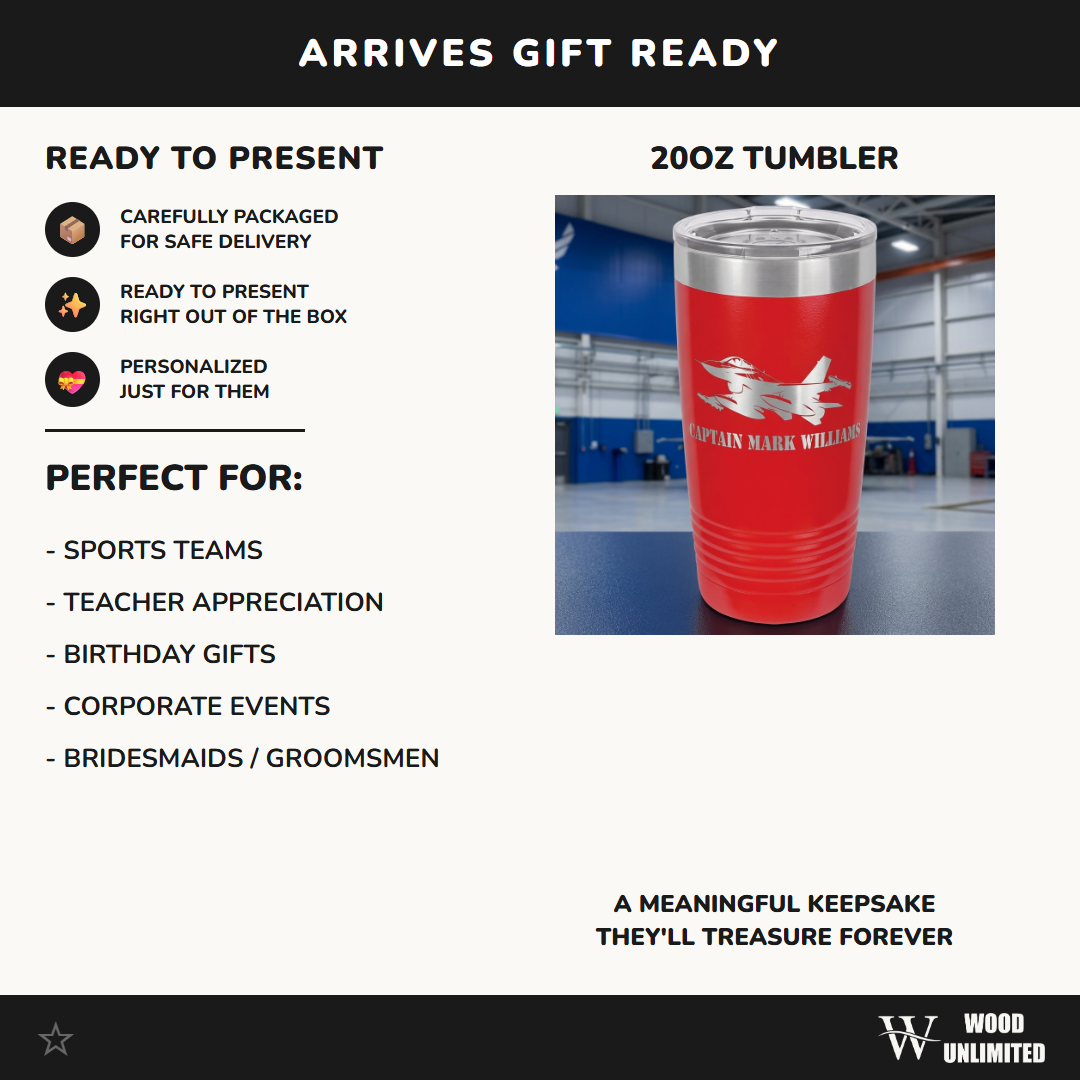 F16 Air Force Pilot Tumbler Gift - Personalized Military Veteran Retirement - Laser Engraved Custom Name