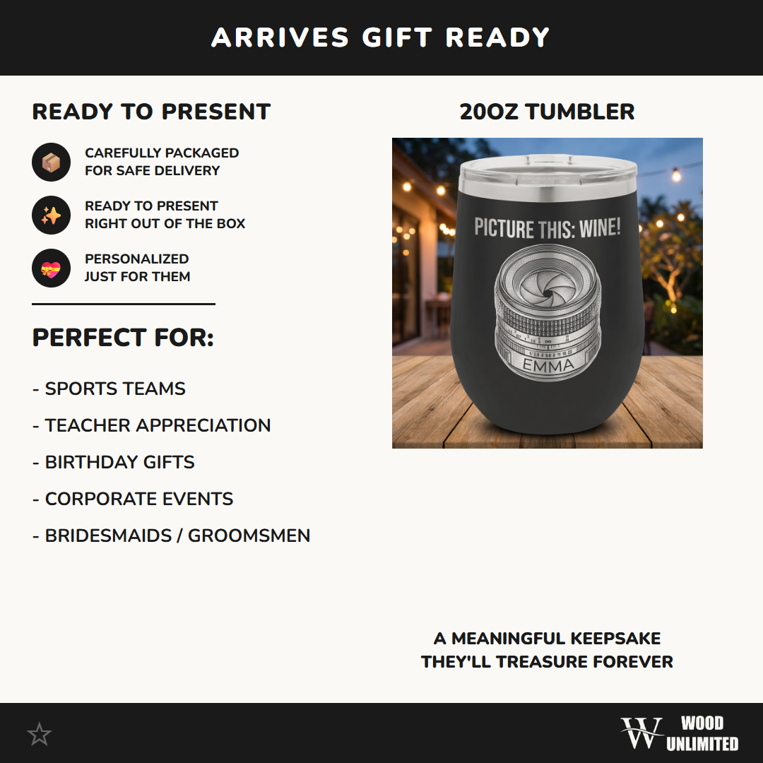 Personalized Photography Lover Gift Tumbler - Camera Lens Wine Design - Laser Engraved - Custom Name
