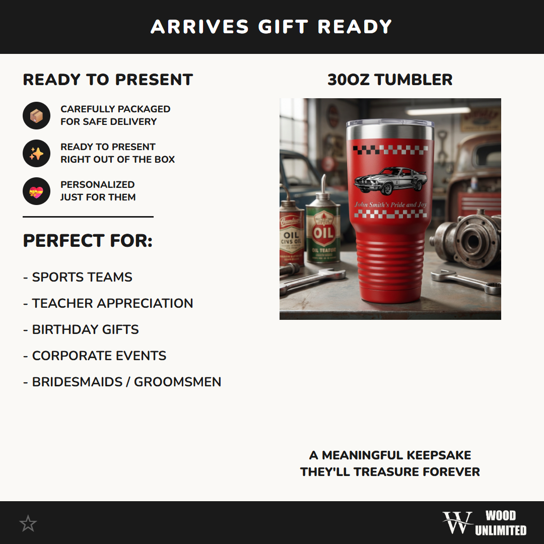 Personalized Classic Car Enthusiast Tumbler | Vintage Muscle Car Gift | Laser Engraved 30oz | Custom Text | Car Guy Gift Idea