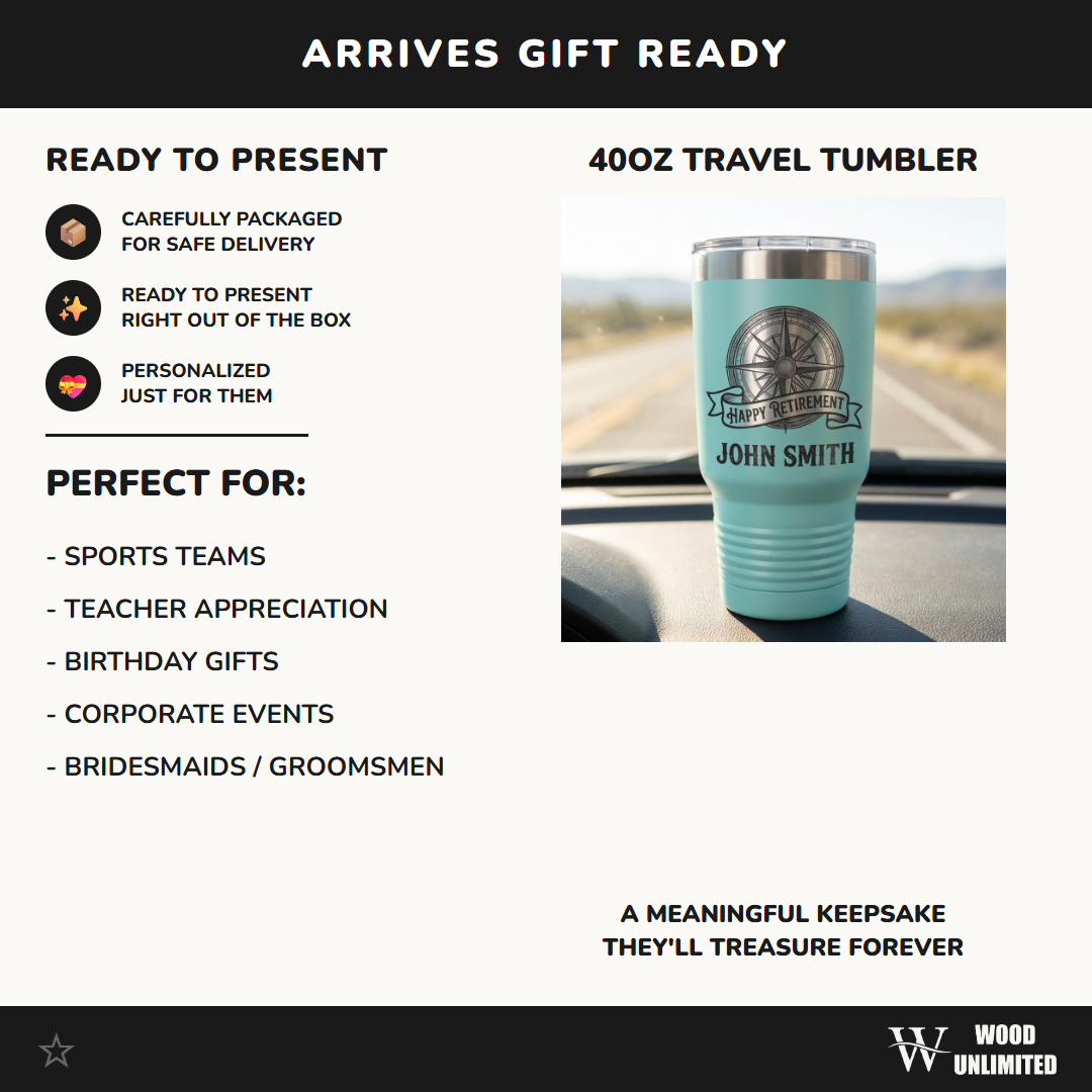 Personalized Retirement Gift 40oz Travel Tumbler - Nautical Compass - Laser Engraved - Custom Name