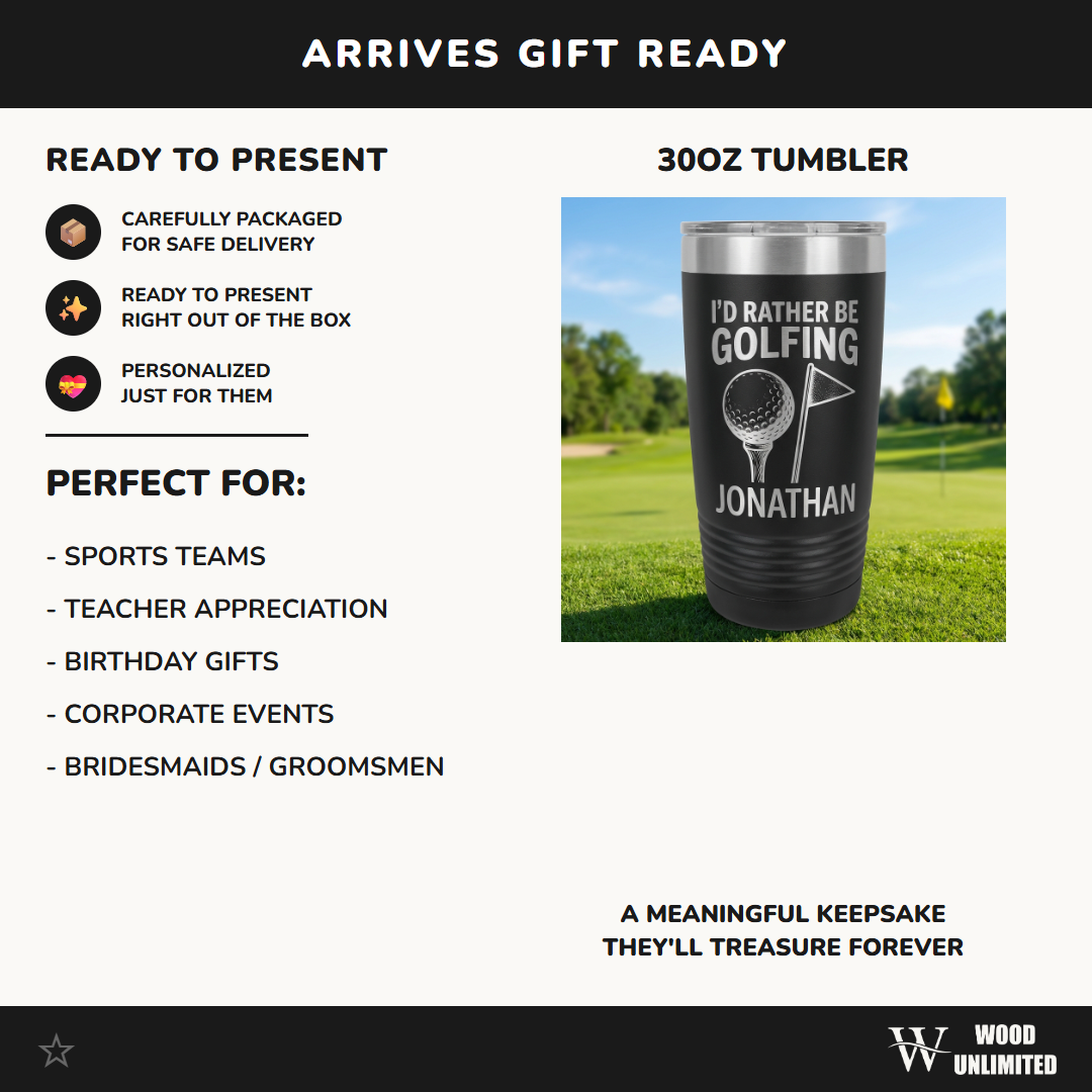 Personalized Golf Tumbler | Golfer Gift for Men Dad | Engraved Stainless Steel Cup | I'd Rather Be Golfing | Custom Name Golf Lover Mug