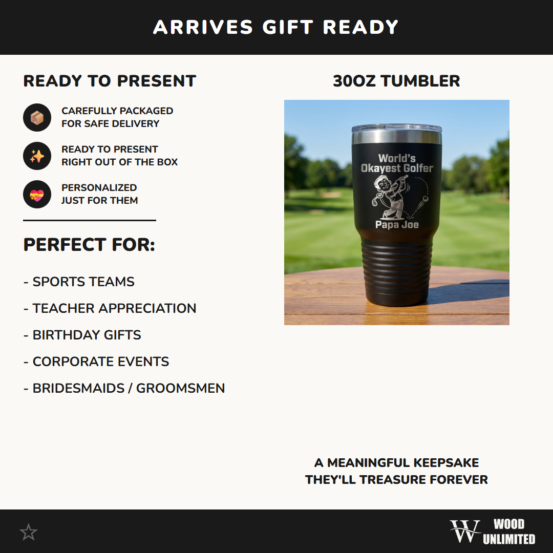 Personalized Funny Golfer Tumbler Gift for Dad - World's Okayest Golfer Laser Engraved Mug - Custom Name Golfing Gift