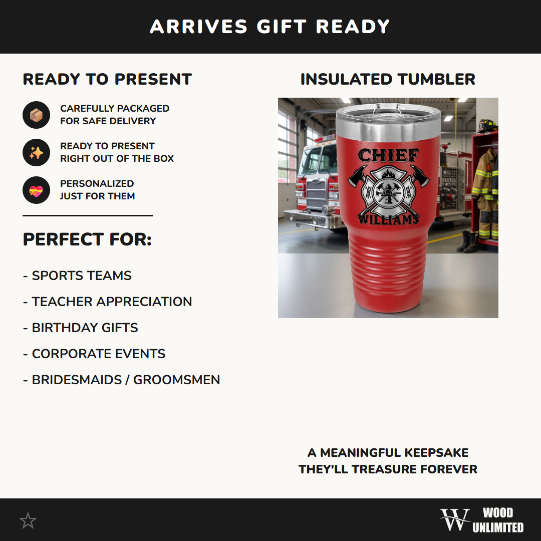 Personalized Firefighter Chief Gift Tumbler - Promotion Retirement Thank You - Laser Engraved Durable - Custom Name
