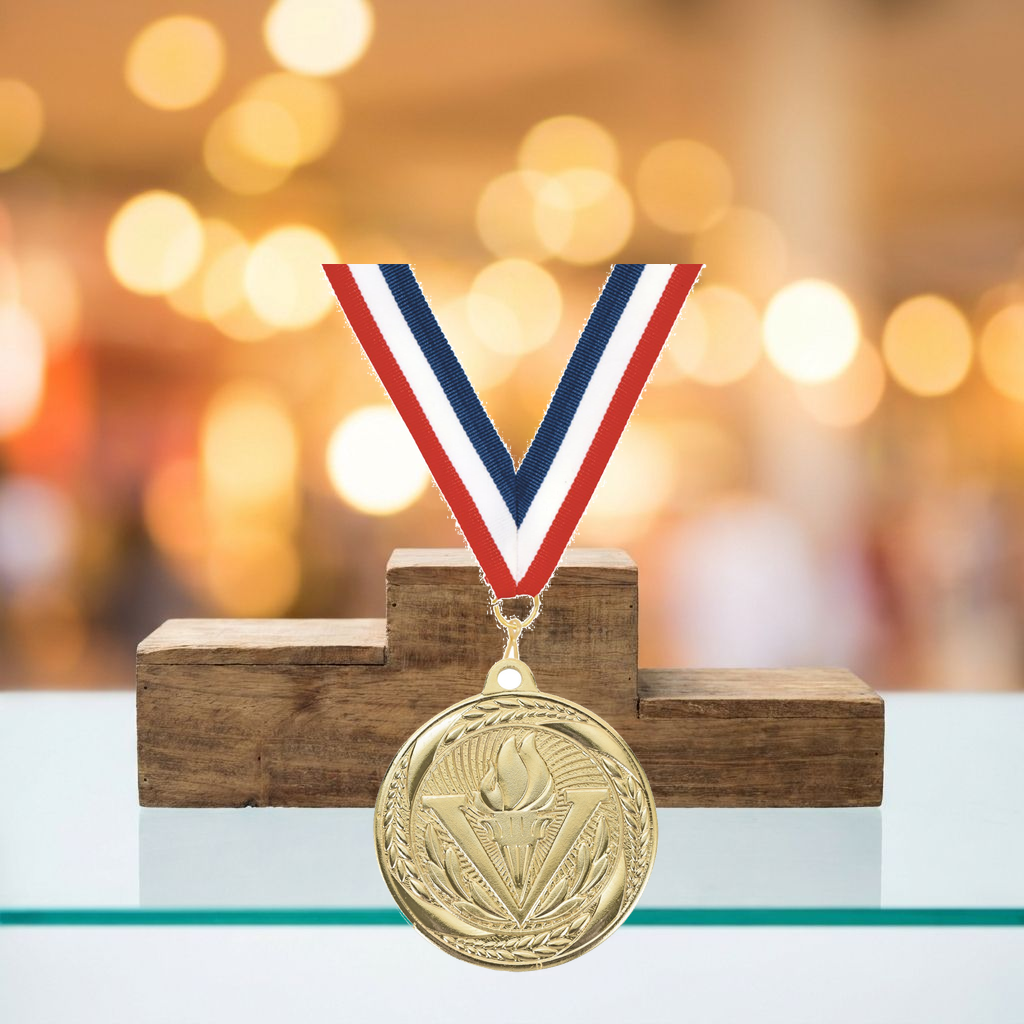 Personalized Victory Medals with Neck Ribbon - Gold Silver Bronze - Custom Engraved