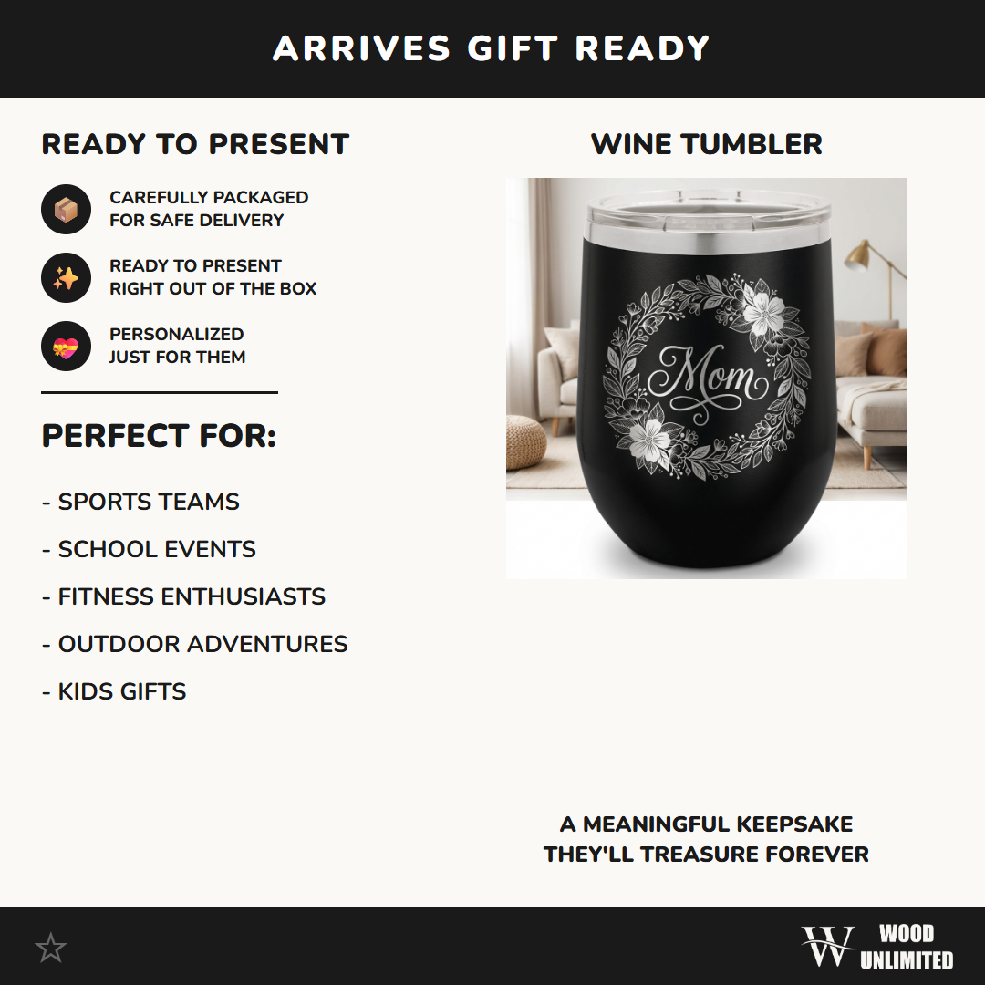 Personalized Mom Floral Wine Tumbler Gift - Mother's Day Birthday - Laser Engraved Durable Stainless Steel Stemless Cup