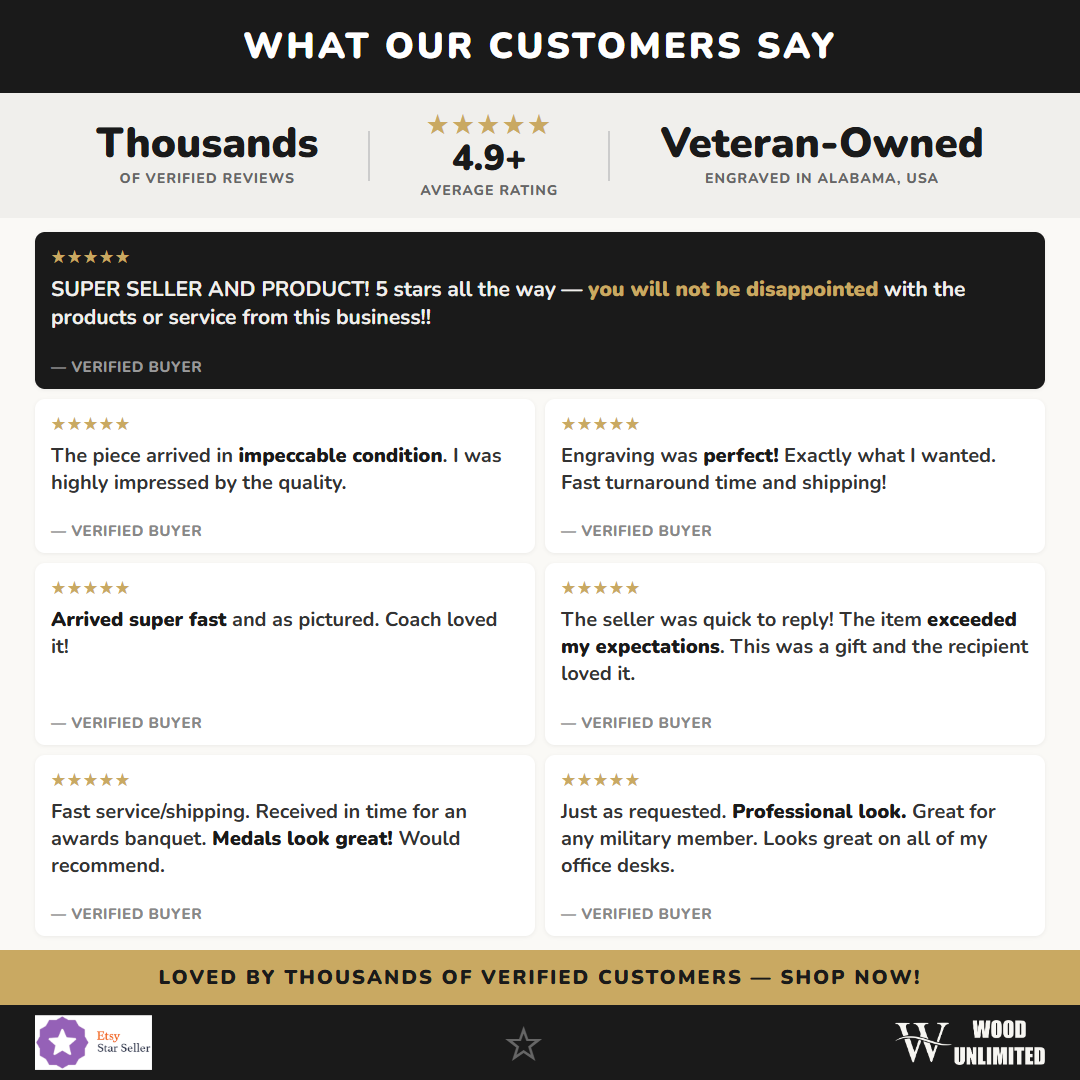 Thousands of verified Wood Unlimited customer reviews - 4.9+ average rating - veteran-owned, engraved in Alabama
