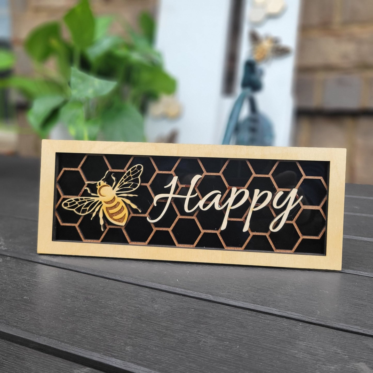 Bee Happy Honeycomb and Bee Wall/Desk Decoration Plaque, Bee and Honeycomb Gift for Bee Lover - Wood Unlimited#