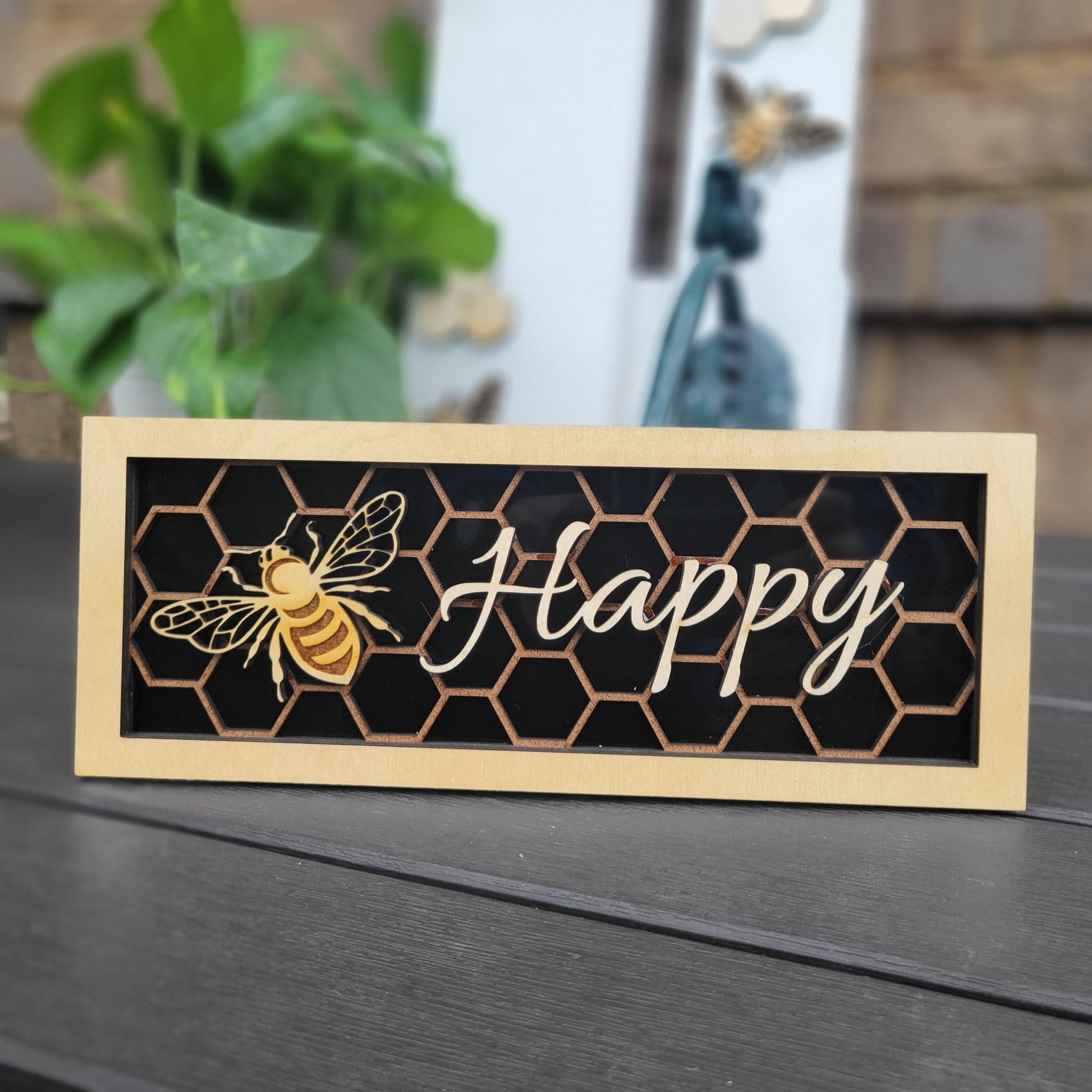 Bee Happy Honeycomb and Bee Wall/Desk Decoration Plaque, Bee and Honeycomb Gift for Bee Lover - Wood Unlimited#