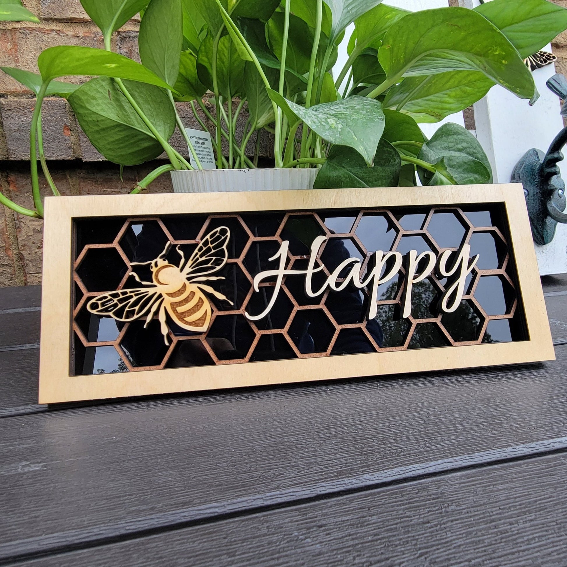 Bee Happy Honeycomb and Bee Wall/Desk Decoration Plaque, Bee and Honeycomb Gift for Bee Lover - Wood Unlimited#