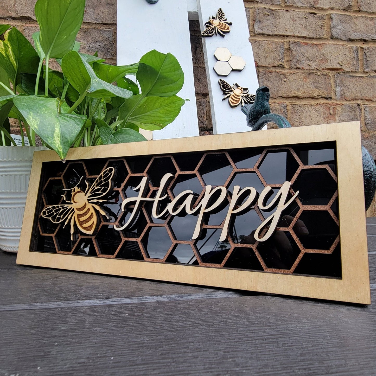 Bee Happy Honeycomb and Bee Wall/Desk Decoration Plaque, Bee and Honeycomb Gift for Bee Lover - Wood Unlimited#