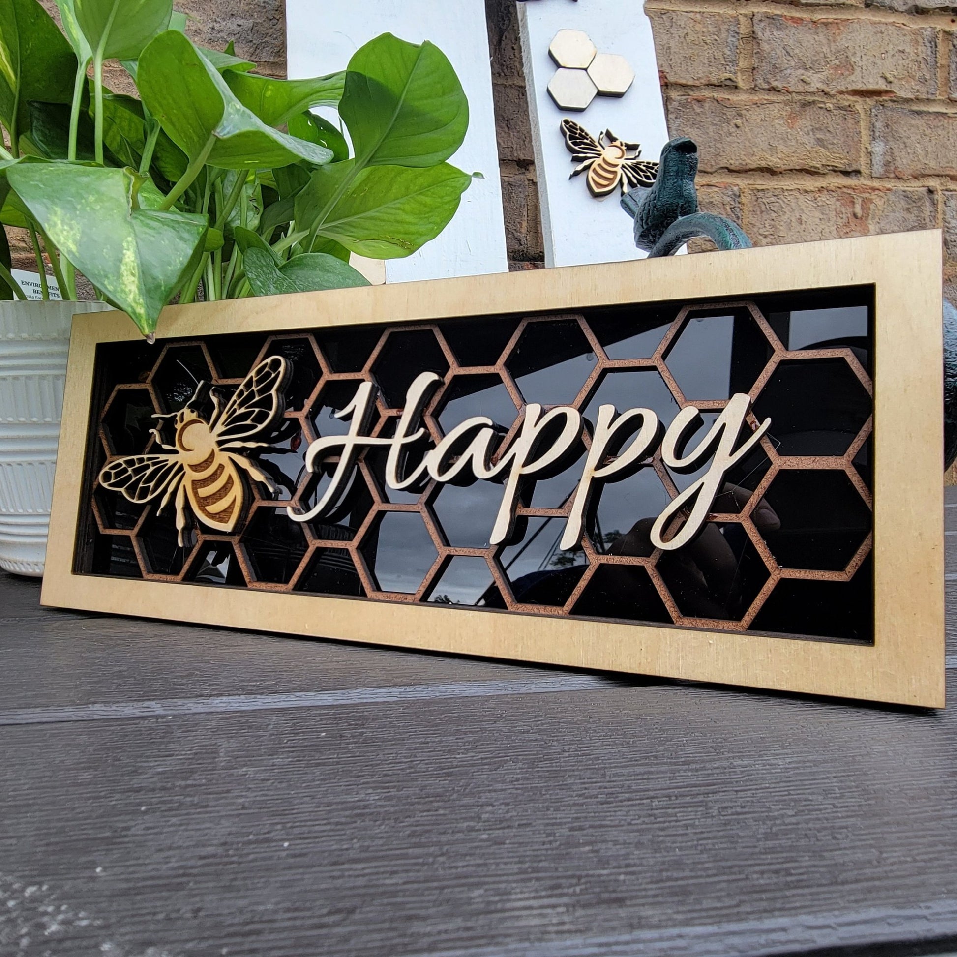 Bee Happy Honeycomb and Bee Wall/Desk Decoration Plaque, Bee and Honeycomb Gift for Bee Lover - Wood Unlimited#