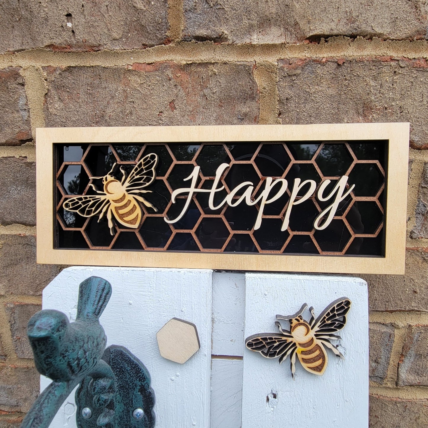 Bee Happy Honeycomb and Bee Wall/Desk Decoration Plaque, Bee and Honeycomb Gift for Bee Lover - Wood Unlimited#