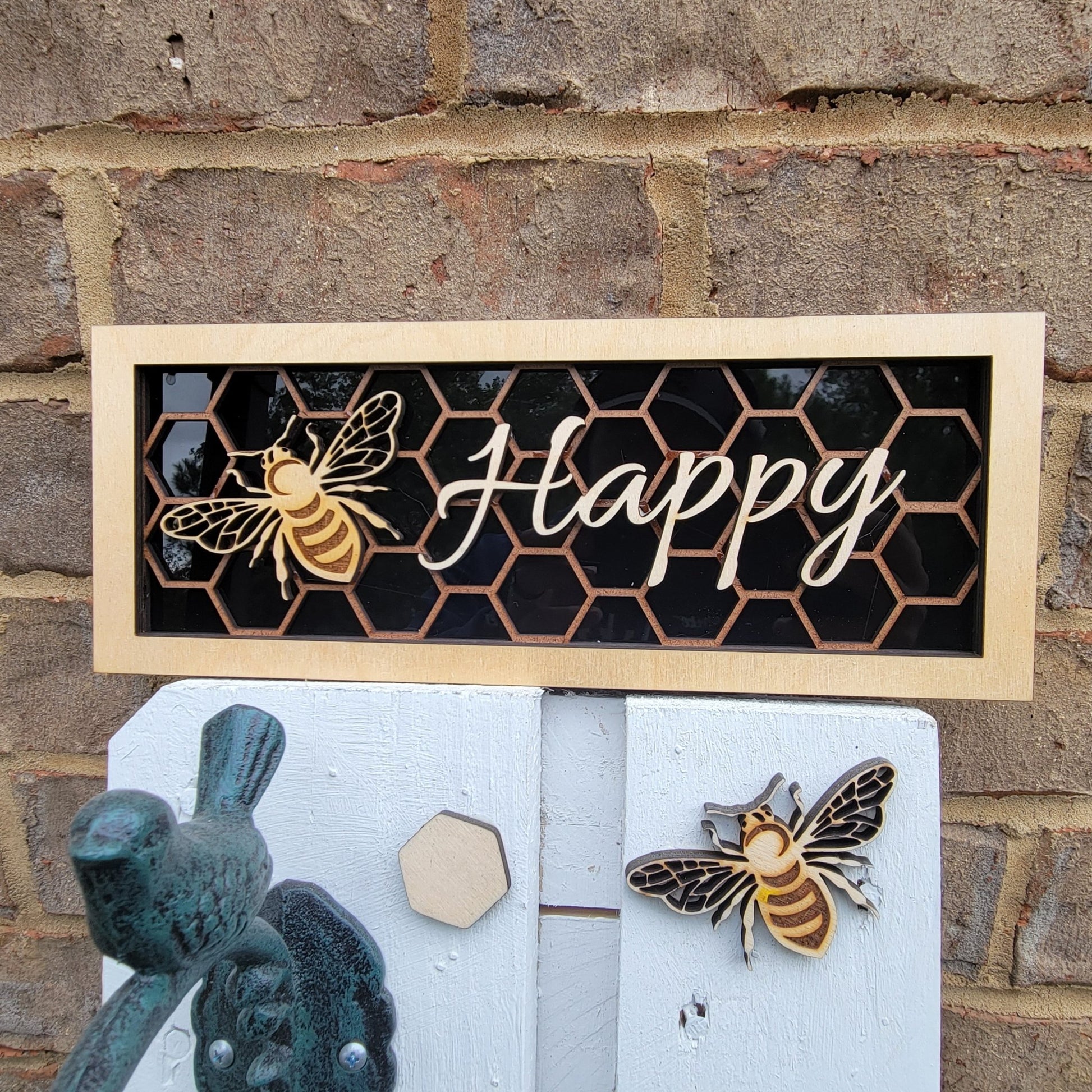 Bee Happy Honeycomb and Bee Wall/Desk Decoration Plaque, Bee and Honeycomb Gift for Bee Lover - Wood Unlimited#