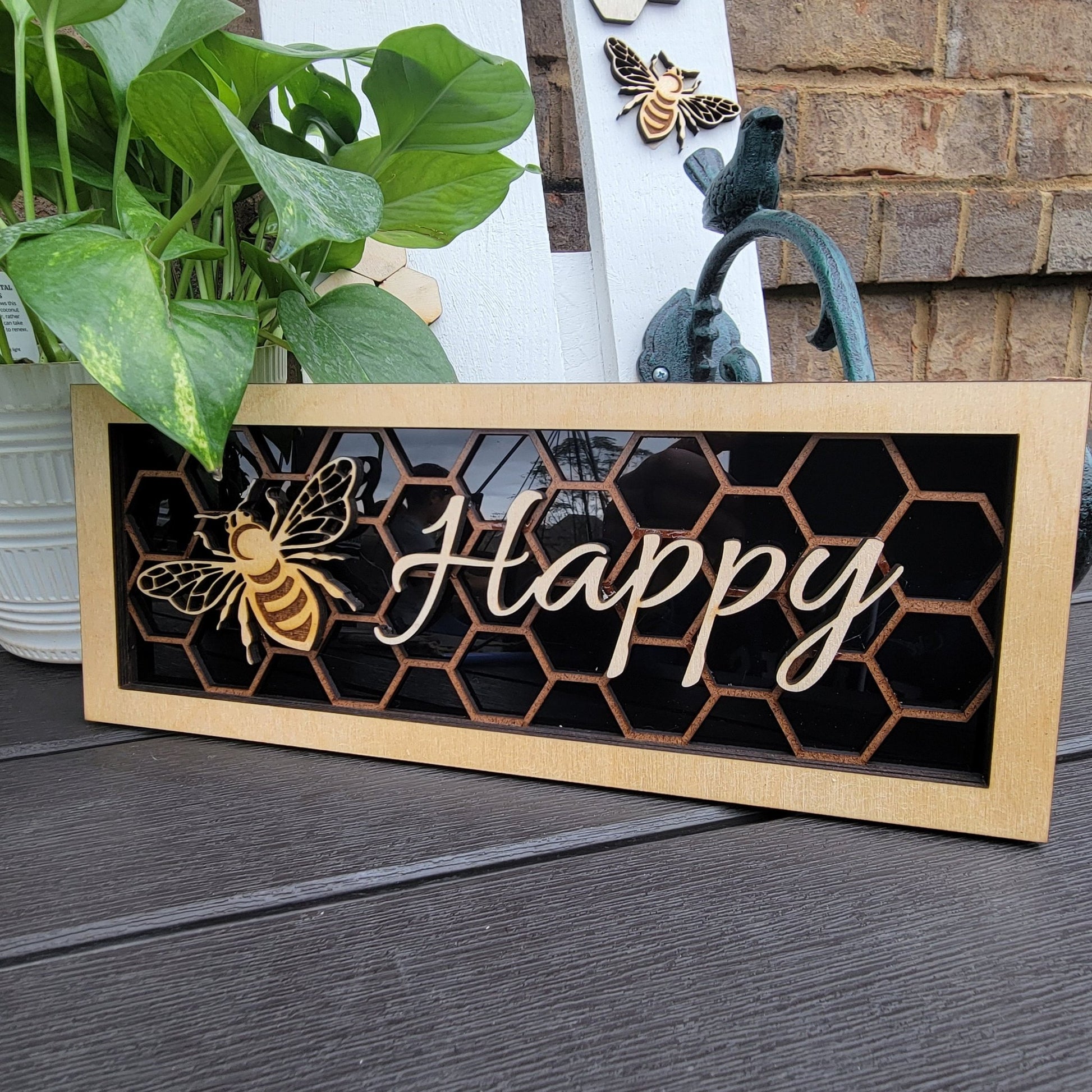 Bee Happy Honeycomb and Bee Wall/Desk Decoration Plaque, Bee and Honeycomb Gift for Bee Lover - Wood Unlimited#