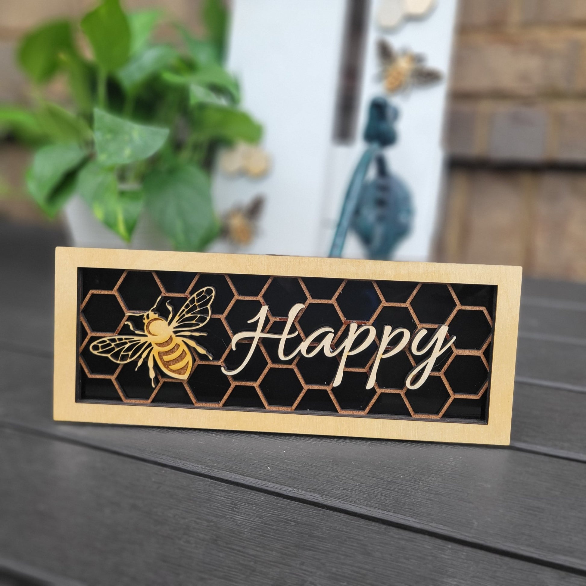 Bee Happy Honeycomb and Bee Wall/Desk Decoration Plaque, Bee and Honeycomb Gift for Bee Lover - Wood Unlimited#