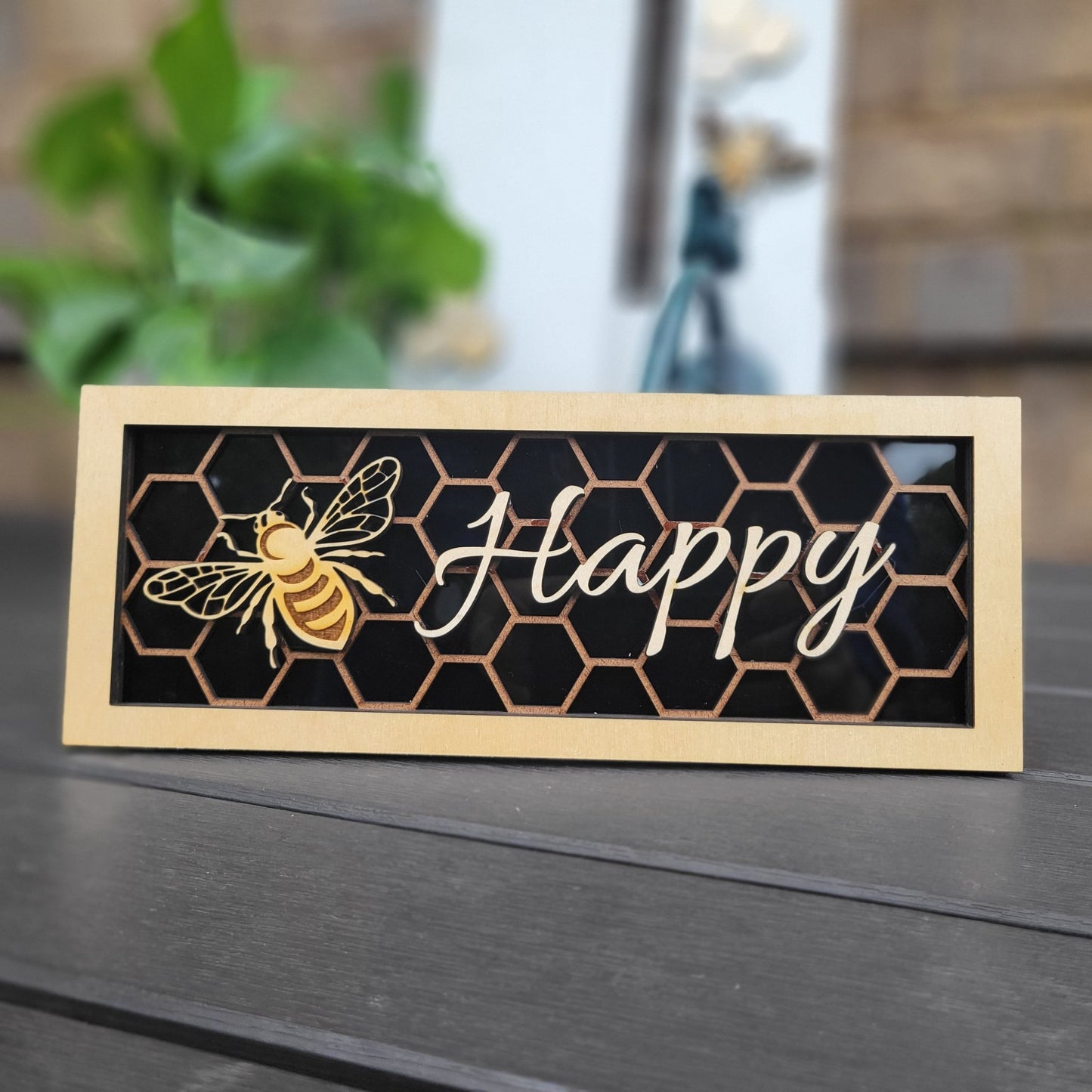 Bee Happy Honeycomb and Bee Wall/Desk Decoration Plaque, Bee and Honeycomb Gift for Bee Lover - Wood Unlimited#