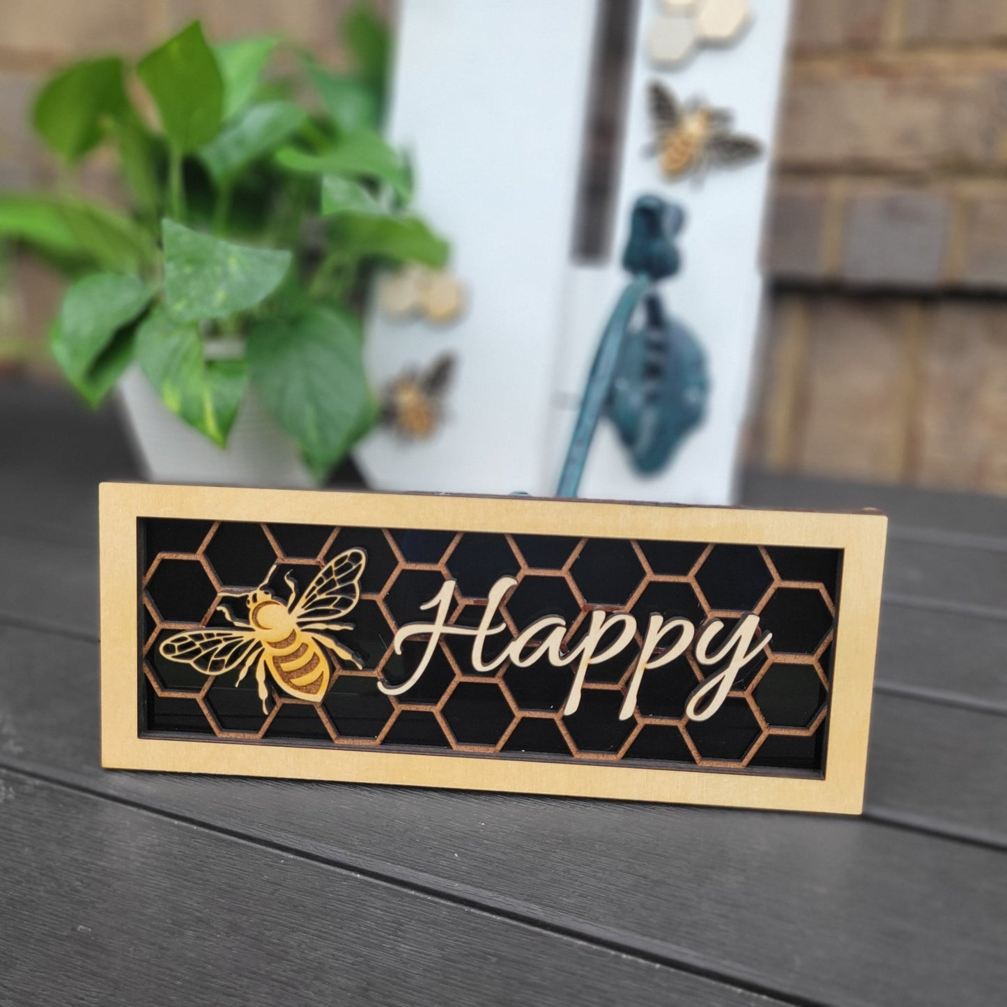 Bee Happy Honeycomb and Bee Wall/Desk Decoration Plaque, Bee and Honeycomb Gift for Bee Lover - Wood Unlimited#