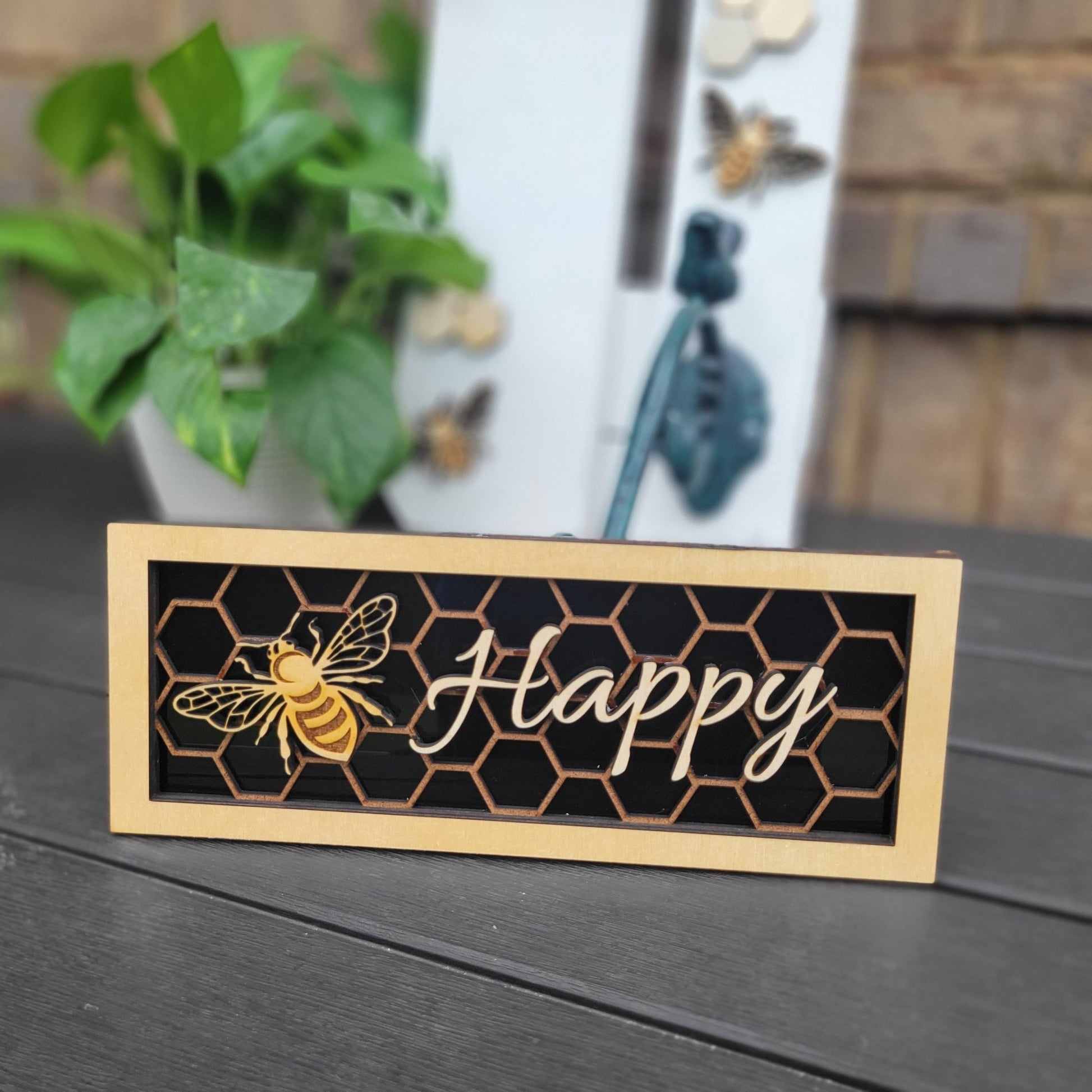 Bee Happy Honeycomb and Bee Wall/Desk Decoration Plaque, Bee and Honeycomb Gift for Bee Lover - Wood Unlimited#
