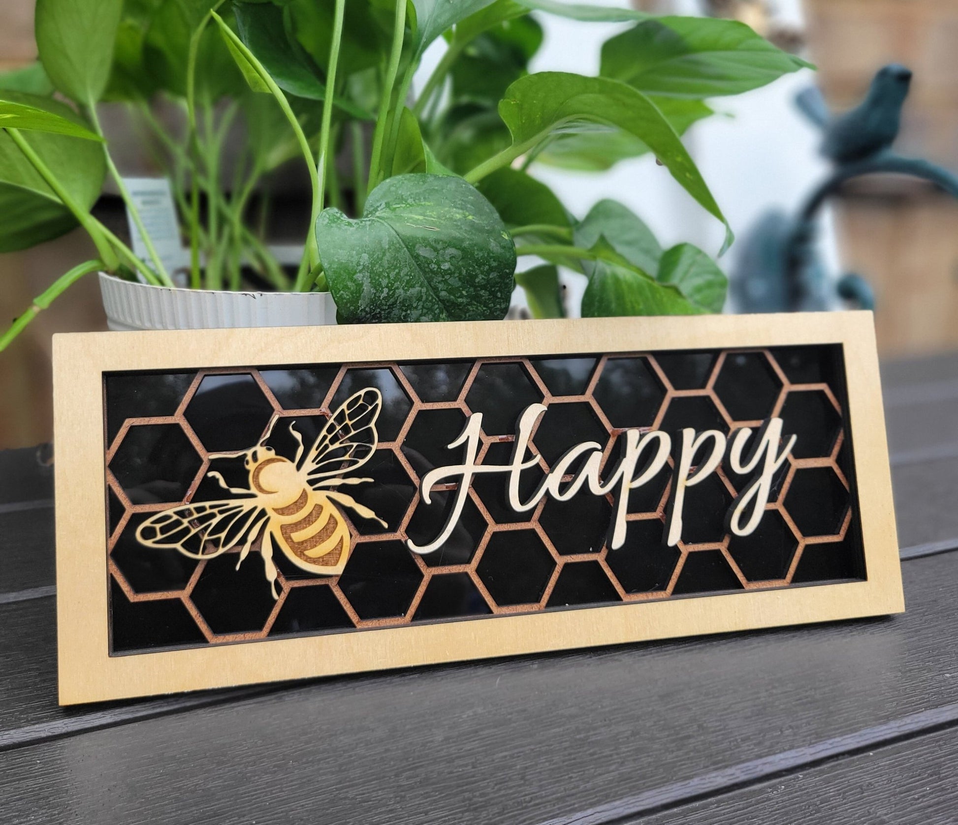 Bee Happy Honeycomb and Bee Wall/Desk Decoration Plaque, Bee and Honeycomb Gift for Bee Lover - Wood Unlimited#