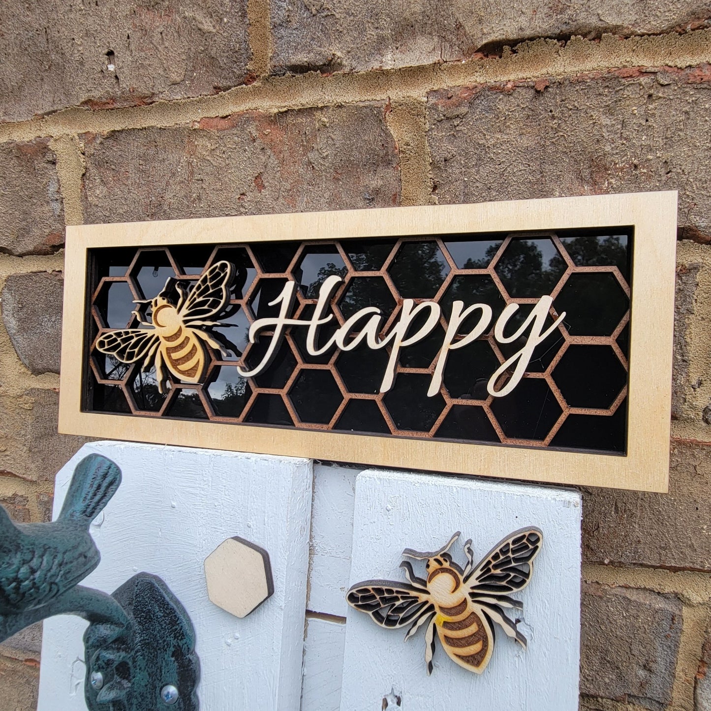 Bee Happy Honeycomb and Bee Wall/Desk Decoration Plaque, Bee and Honeycomb Gift for Bee Lover - Wood Unlimited#