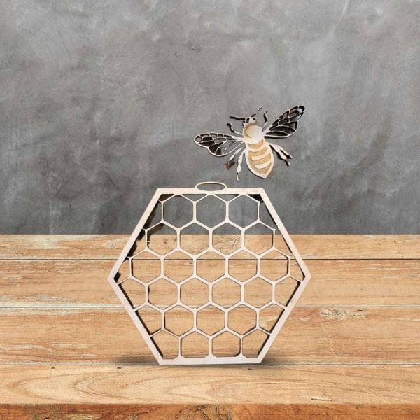 Honeycomb and Bee - Wooden Laser Cut Wall Decoration - Multiple Sizes - Bumble Bee - Wooden Cut Out - Wood Unlimited#