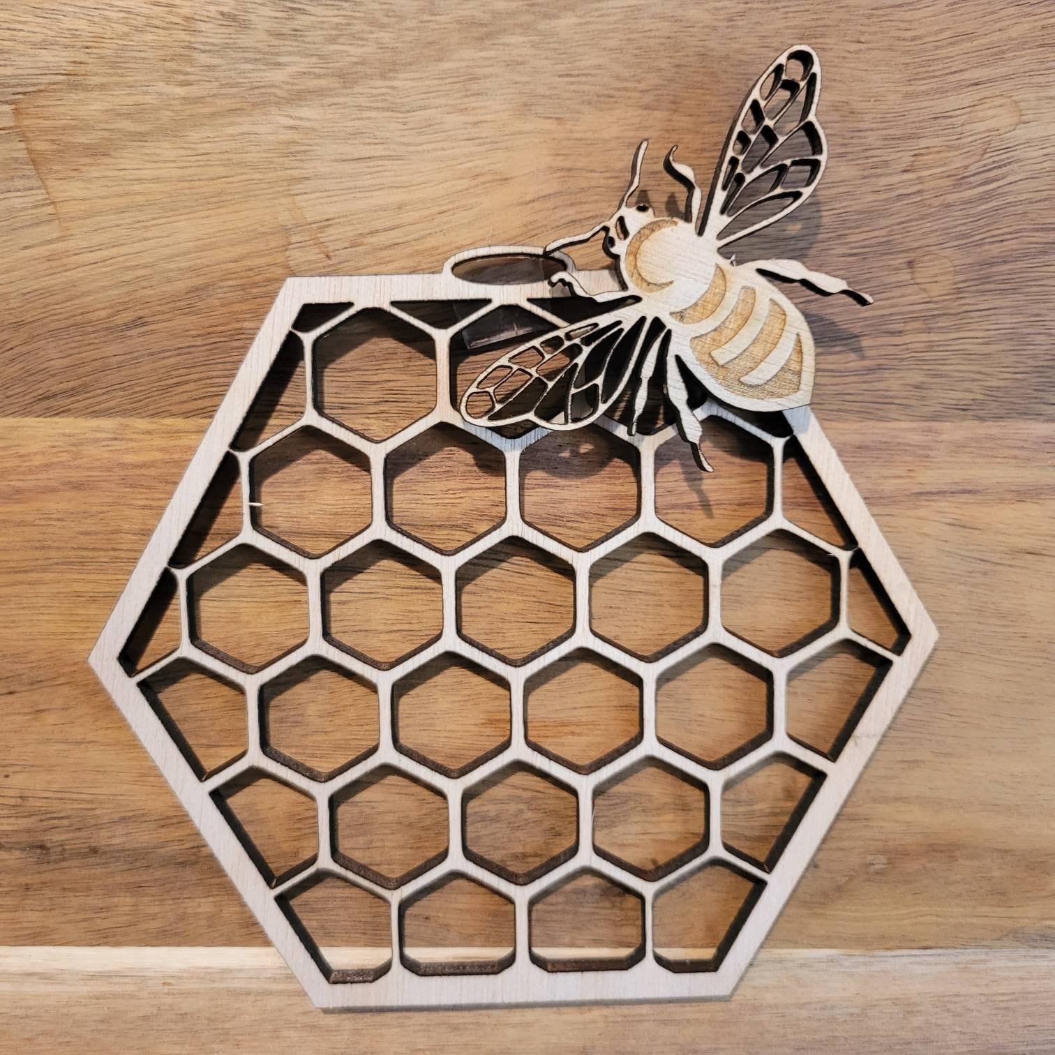 Honeycomb and Bee - Wooden Laser Cut Wall Decoration - Multiple Sizes - Bumble Bee - Wooden Cut Out - Wood Unlimited#