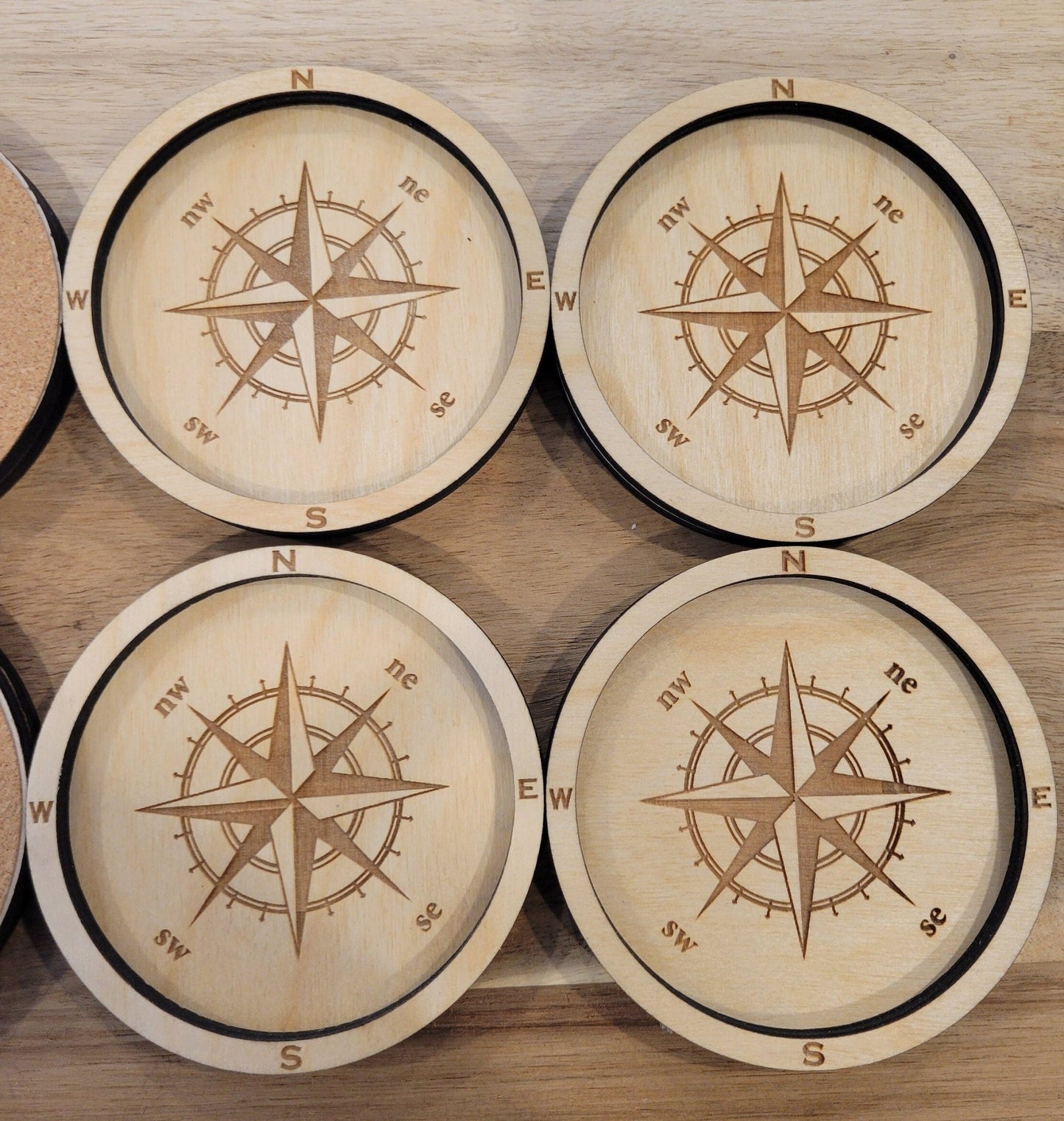 Nautical Compass Coasters - Laser Cut Waterproof Birch Drink Coasters - Wood Unlimited#