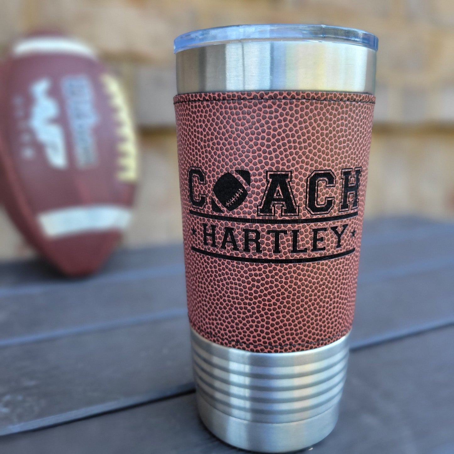 Personalized Football Tumbler! Insulated Leatherette Tumbler with Football Texture Gift For Coach! 20oz Football Coach Gift! - Wood Unlimited#