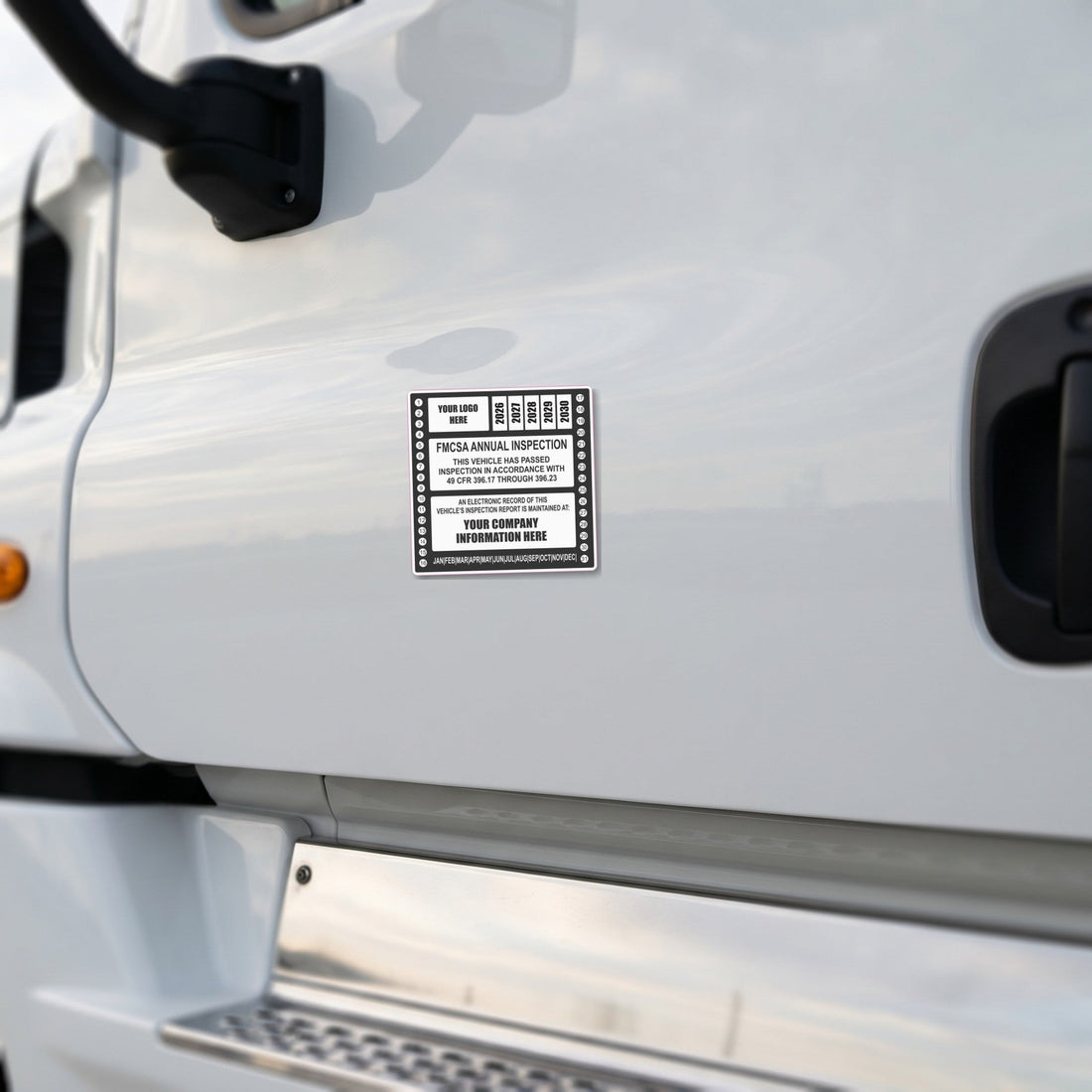 commercial driver reviewing an annual DOT inspection sticker on a semi truck cab door after a qualified inspection