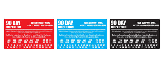 Custom 90 day inspection labels for trucks in red, blue, and black vinyl, printed with company name, 49 CFR 396.17 certification line, and a 2026 to 2031 month, day, and year marking grid