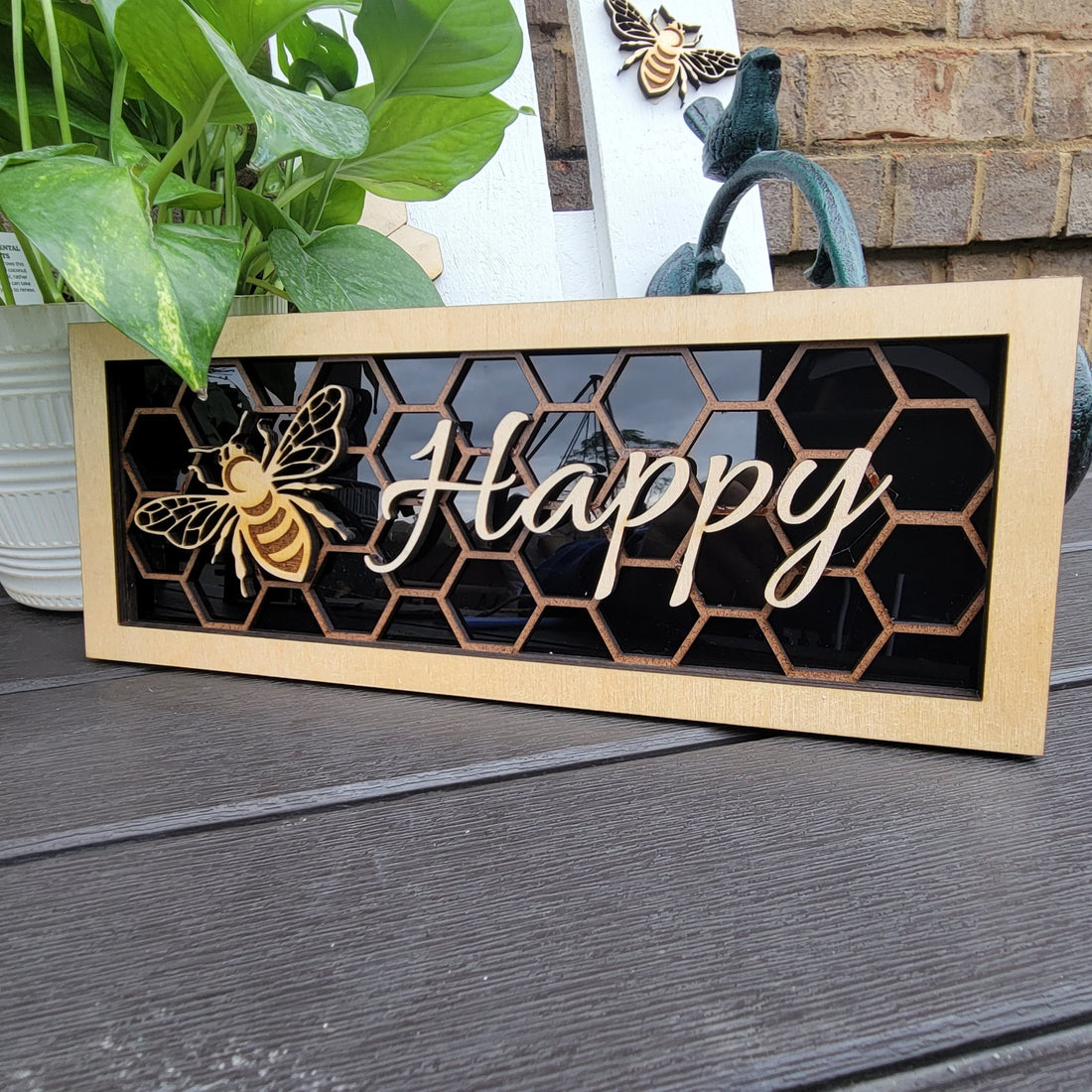 Bee Happy Honeycomb and Bee Wall/Desk Decoration Plaque: Infuse Positivity into Your Space Today! - Wood Unlimited