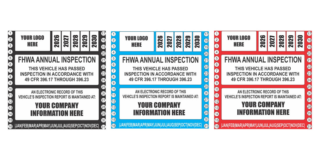 FHWA annual inspection stickers for trucks in black, blue, and red vinyl with a 2026 to 2030 year grid, logo box, and company information panel