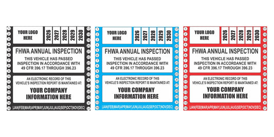 FHWA annual inspection stickers for trucks in black, blue, and red vinyl with a 2026 to 2030 year grid, logo box, and company information panel