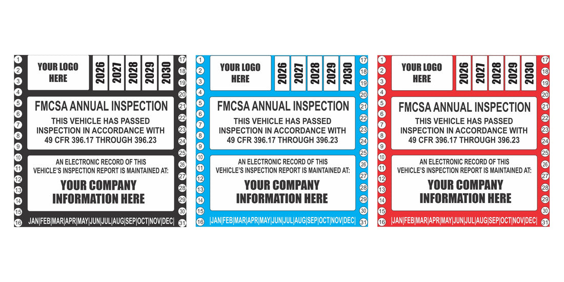 FMCSA annual inspection labels for trucks in black, blue, and red vinyl with a 2026 to 2030 year grid, logo box, and company information panel
