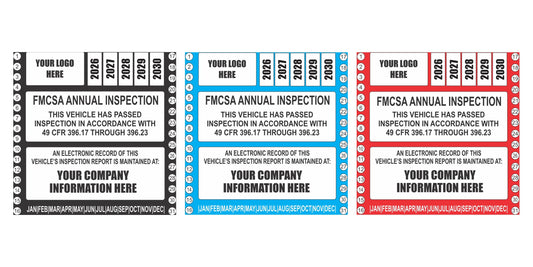 FMCSA annual inspection labels for trucks in black, blue, and red vinyl with a 2026 to 2030 year grid, logo box, and company information panel