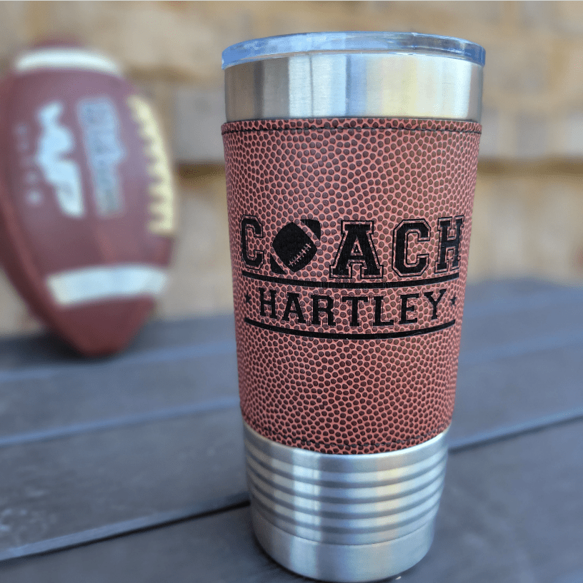 Score Big with the Perfect Gift for Your Football Coach - Personalized 20oz Leatherette Football Drink Tumbler - Wood Unlimited