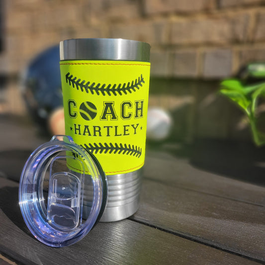 Unleash the Spirit of the Game: Custom 20oz Leatherette Softball Drink Tumbler for Your Exceptional Coach! - Wood Unlimited