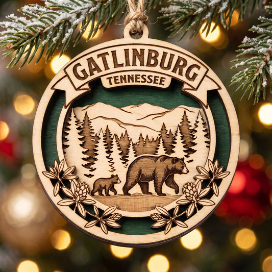 Engraved wood Gatlinburg Tennessee ornament — wholesale Smoky Mountains souvenirs for gift shops