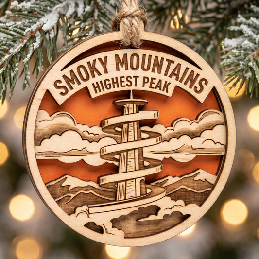 Engraved mountain-vista ornament — national park gift shop wholesale supplier with local designs
