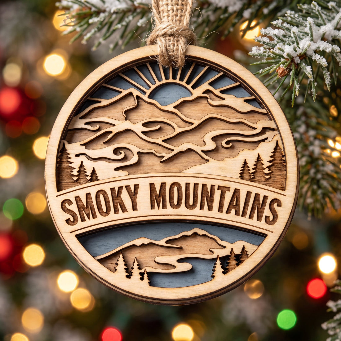 Engraved mountain-layers wood ornament — low minimum wholesale souvenirs for gift shops