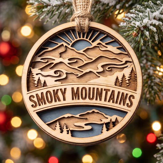 Engraved mountain-layers wood ornament — low minimum wholesale souvenirs for gift shops