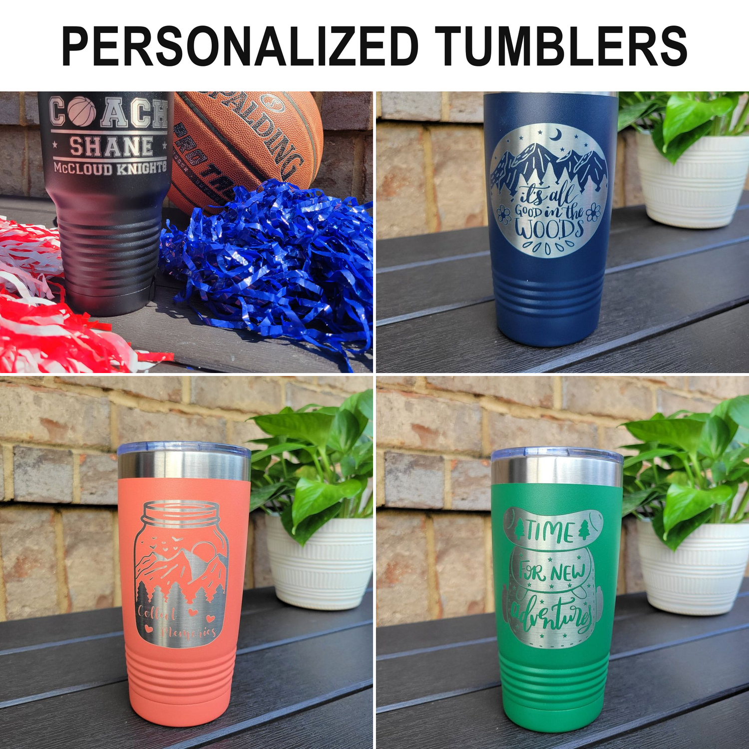 Personalized engraved tumblers — real product photos
