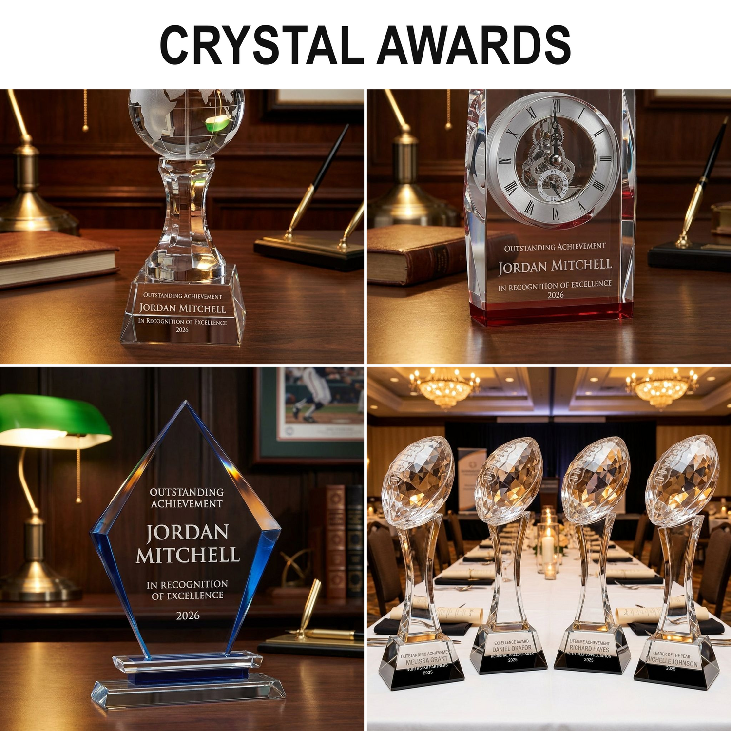 Premium crystal awards — real product photos