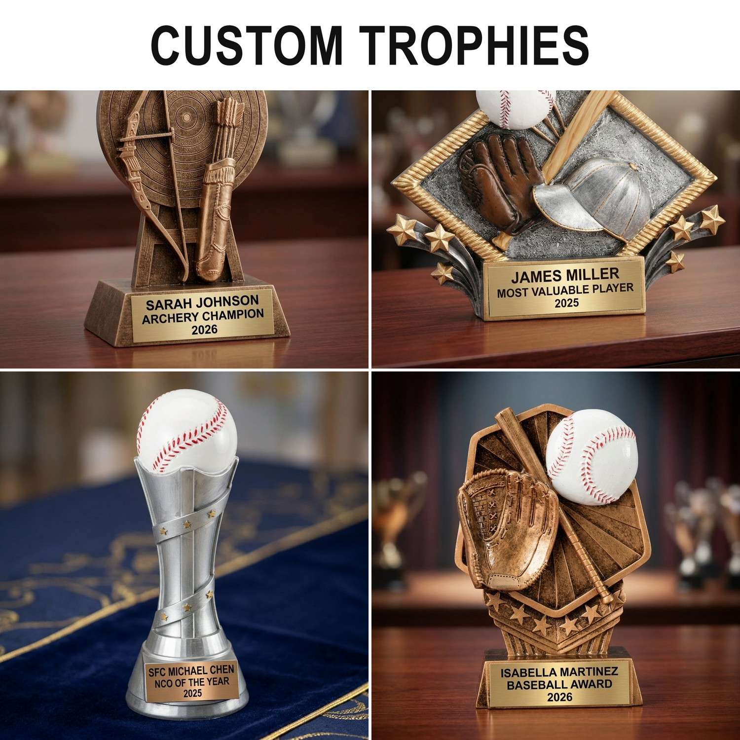 Custom engraved trophies — real product photos