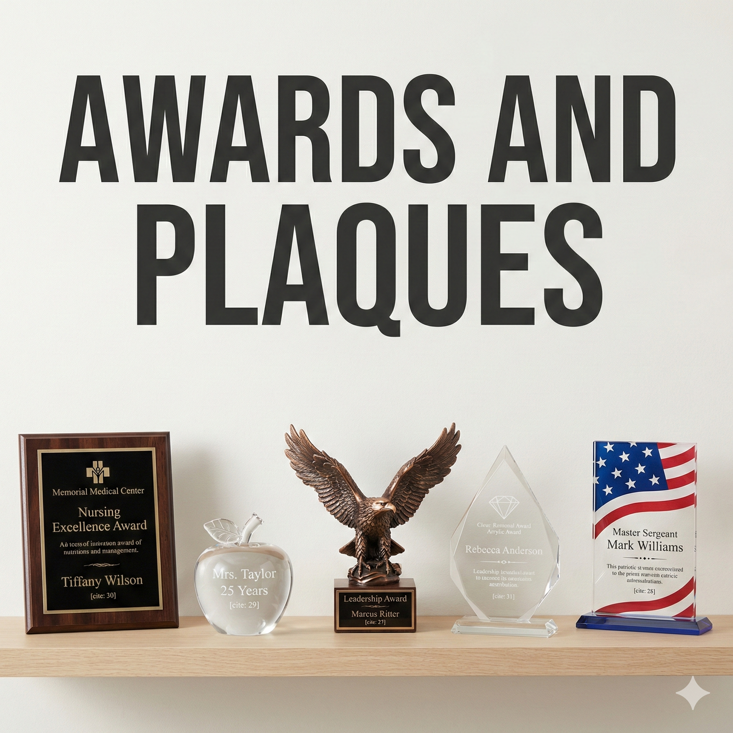 Awards and plaques collection — personalized laser-engraved cherry wood plaques and acrylic awards by Wood Unlimited