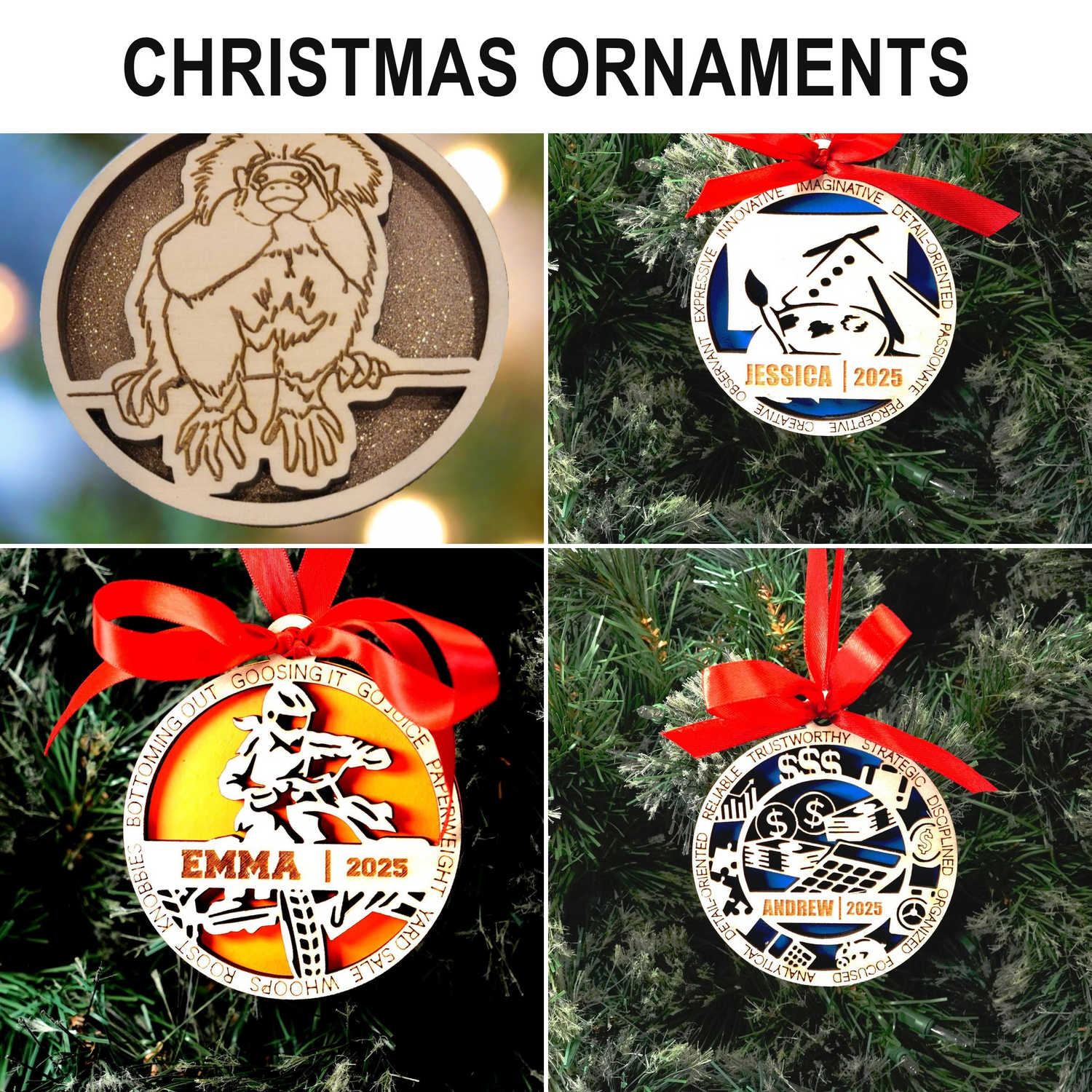 Layered wood Christmas ornaments — product photos