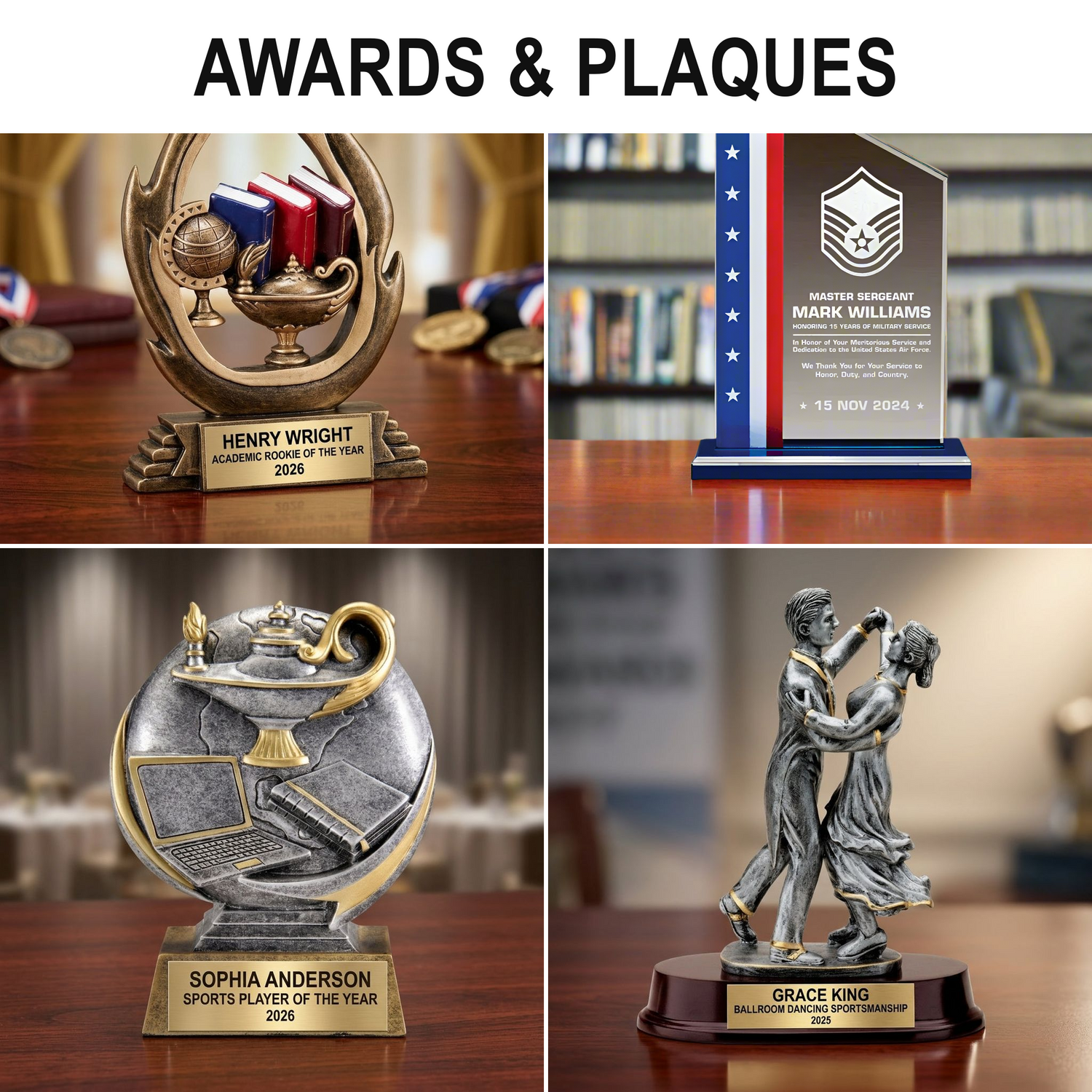 Laser-engraved awards and plaques — real product photos